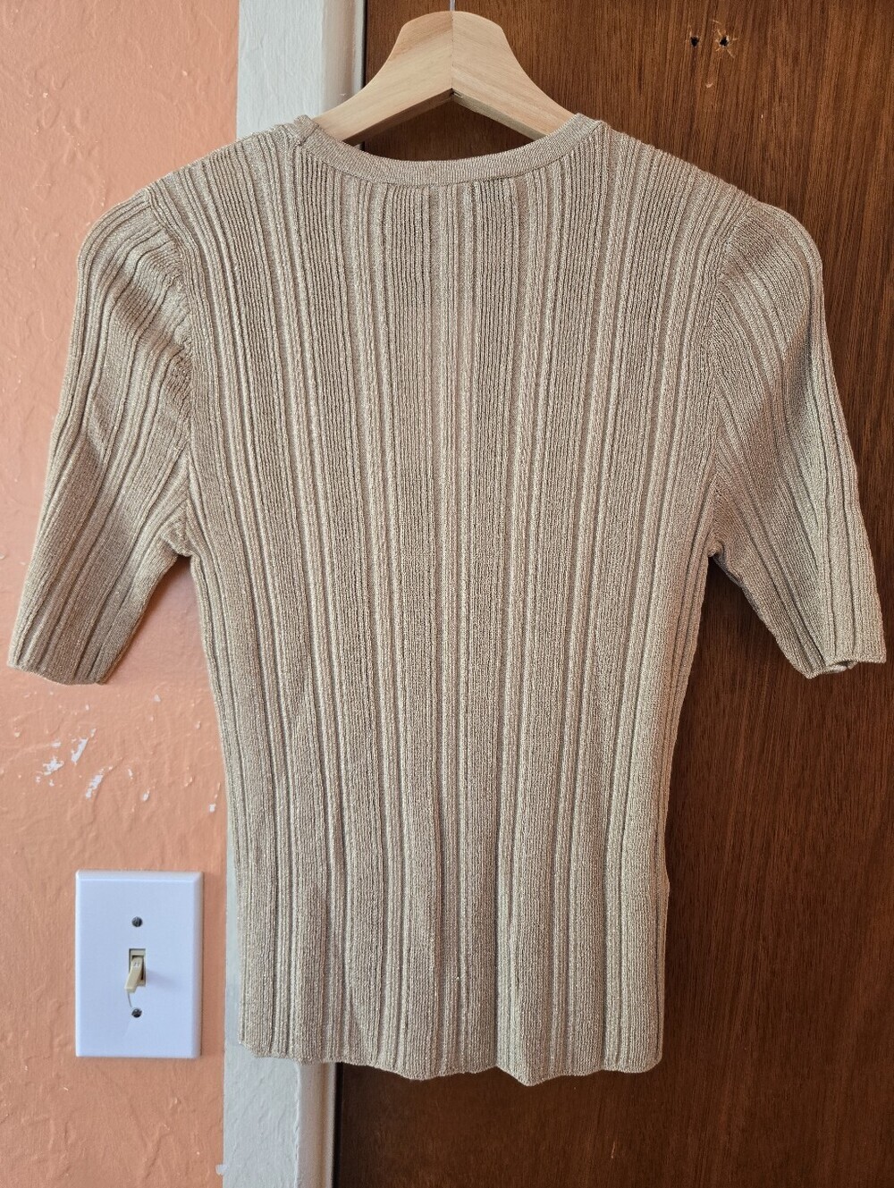 Mango Lurex Beige Short-Sleeve Ribbed Knitted Top XS - Picture 7 of 10